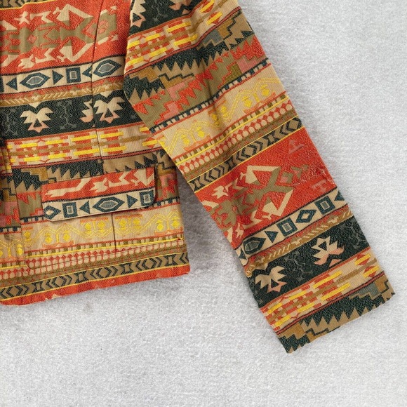 Chicos Jacket Womens Size XS Cropped Aztec Print Tan Red Green Metal Buttons - Picture 3 of 13